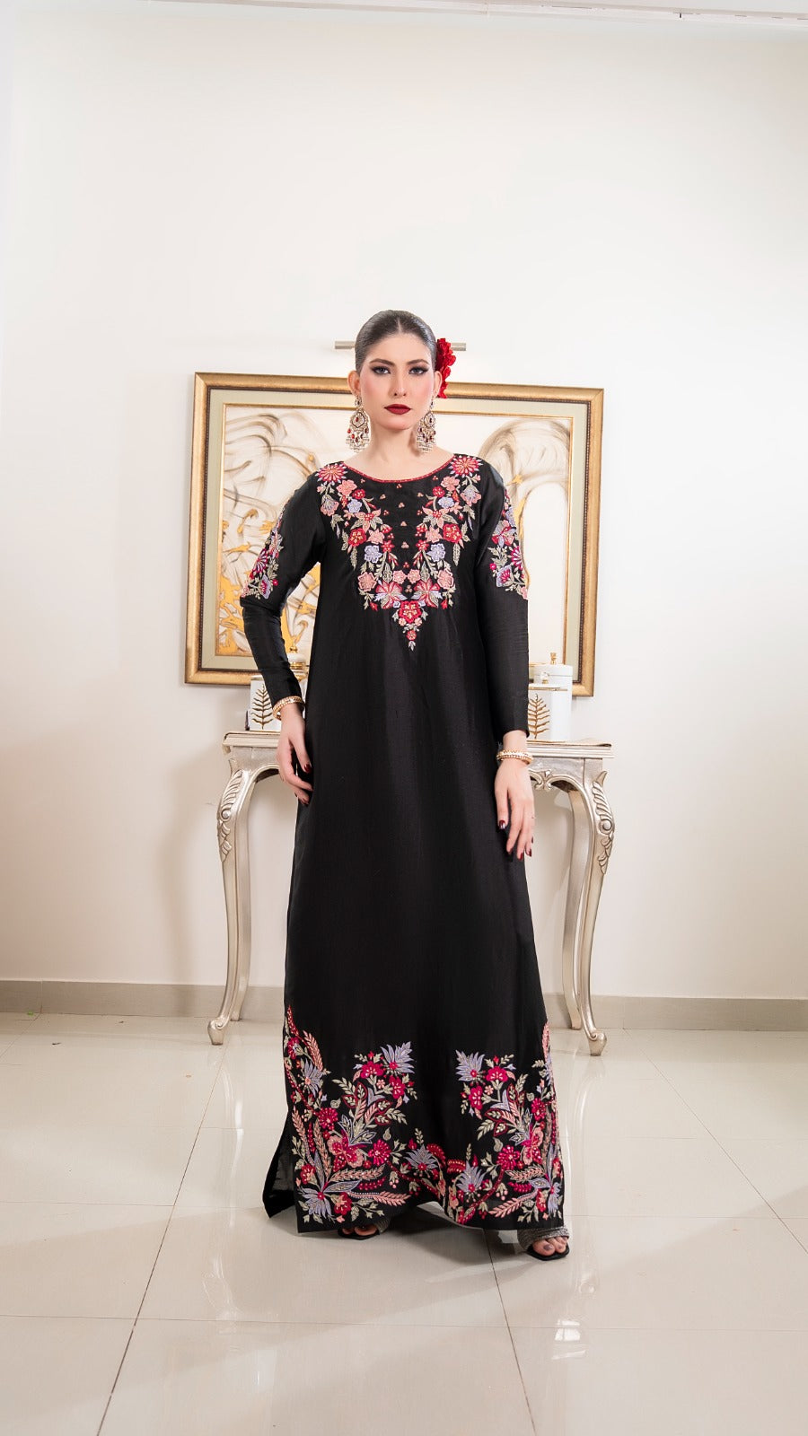 Shop Black Shadow by FAMA by Sana Sarah's, a breathtaking jet-black stitched formal suit featuring intricate tonal embroidery, wide-leg trousers, and a graceful dupatta.