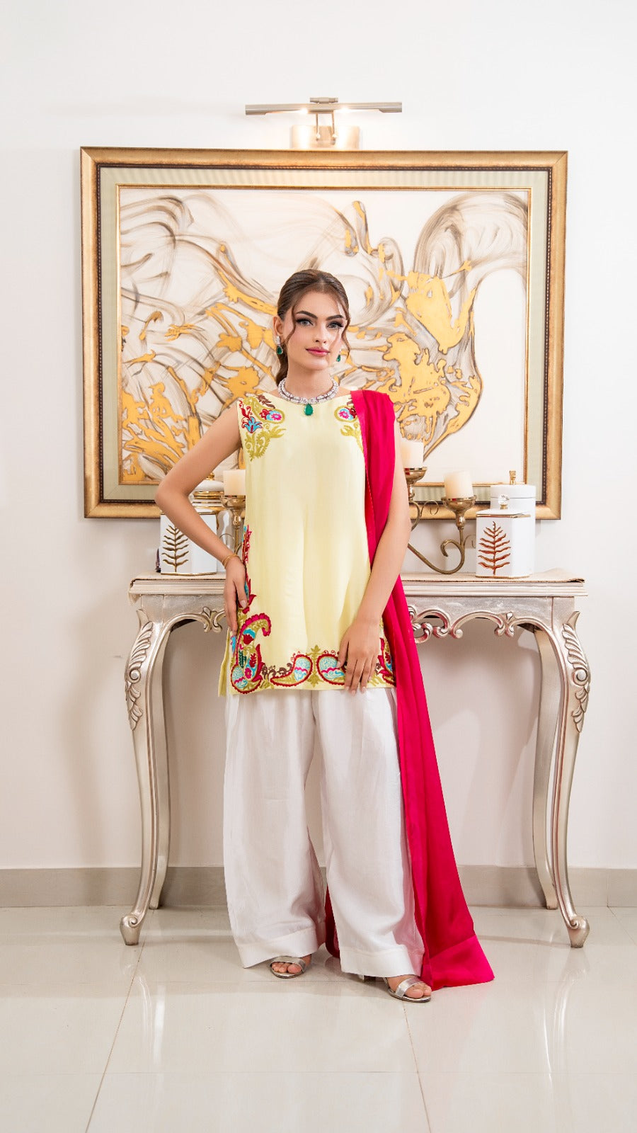 Shop Minted Lime by FAMA by Sana Sarah's, a vibrant 3-piece embroidered lime-yellow sleeveless shirt with wide-leg ivory trousers and a contrast fuchsia dupatta.