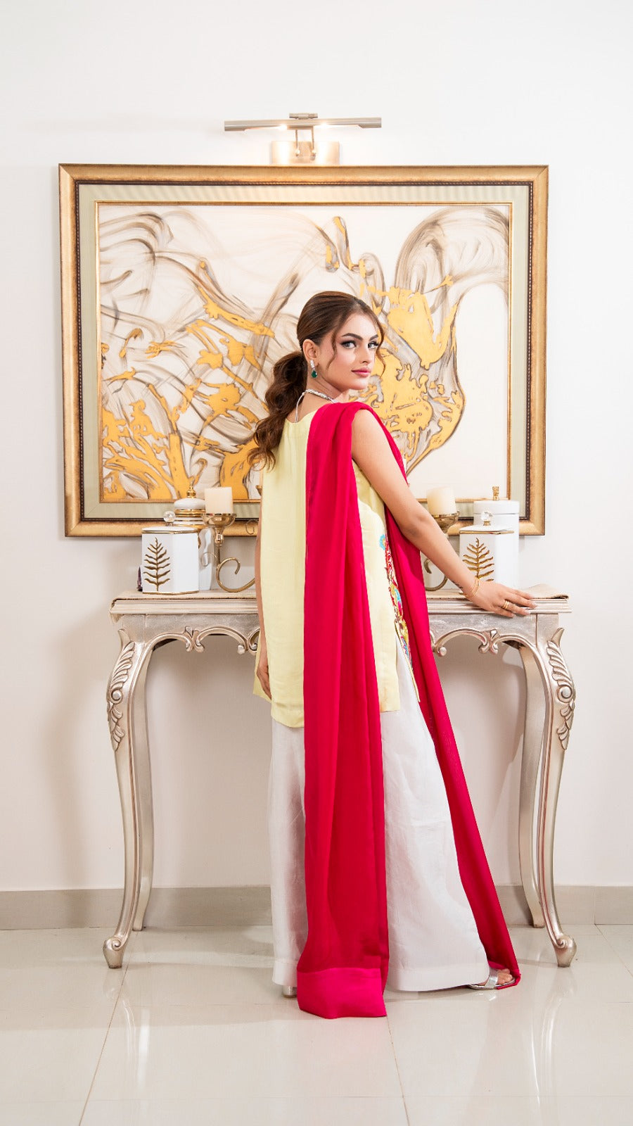 Shop Minted Lime by FAMA by Sana Sarah's, a vibrant 3-piece embroidered lime-yellow sleeveless shirt with wide-leg ivory trousers and a contrast fuchsia dupatta.