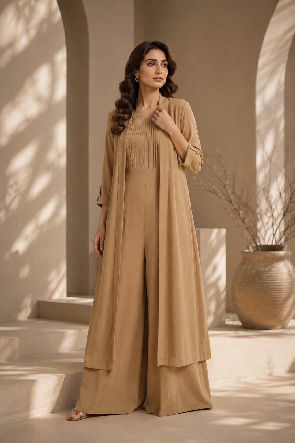 Beige Pleated Jumpsuit