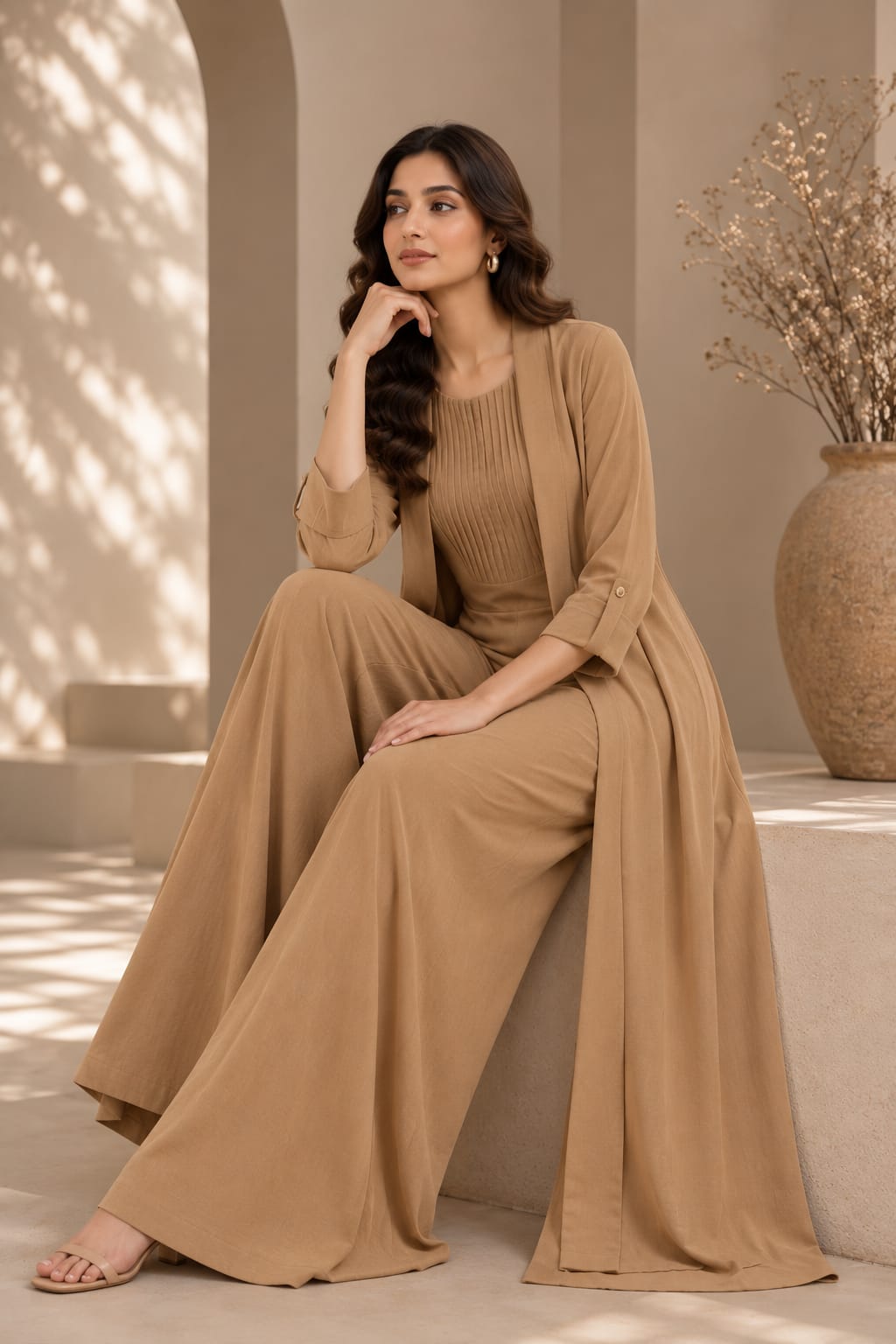Beige Pleated Jumpsuit