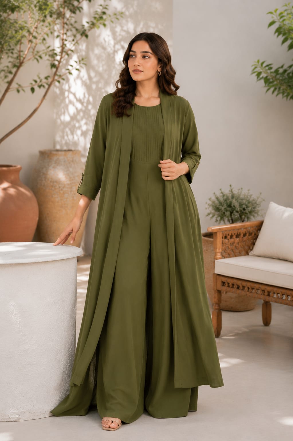 Olive Green Pleated Jumpsuit