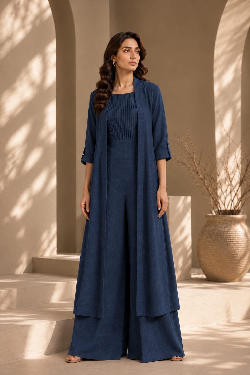Navy blue pleated jumpsuit