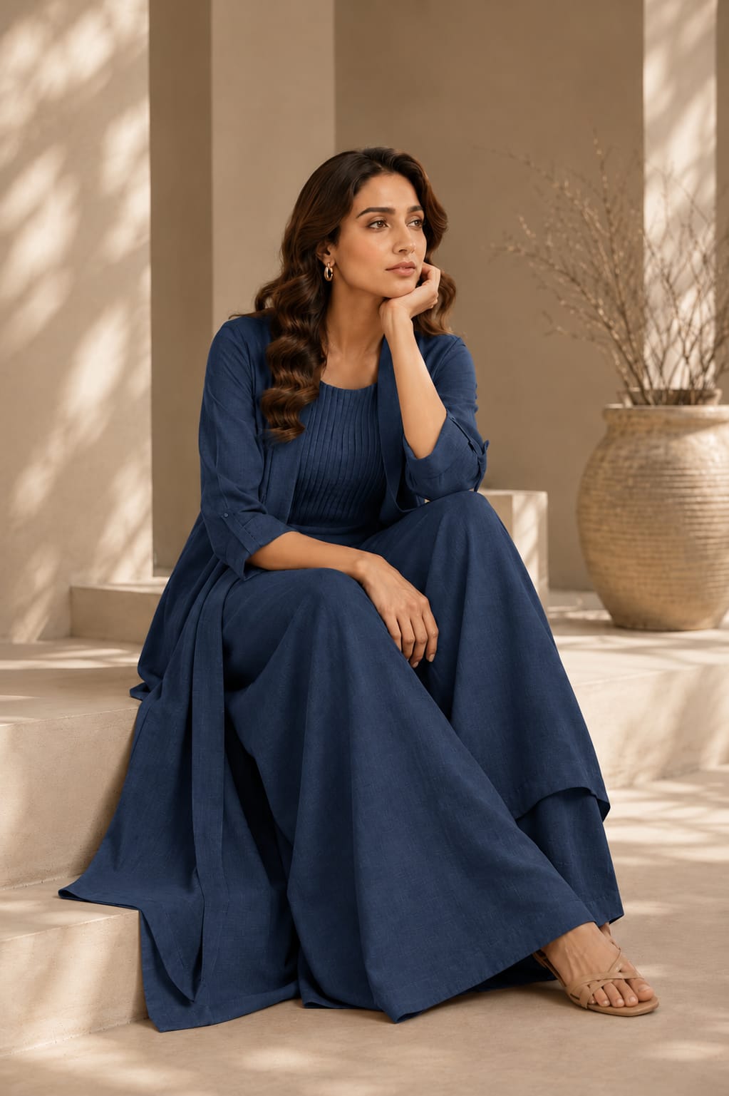Navy blue pleated jumpsuit