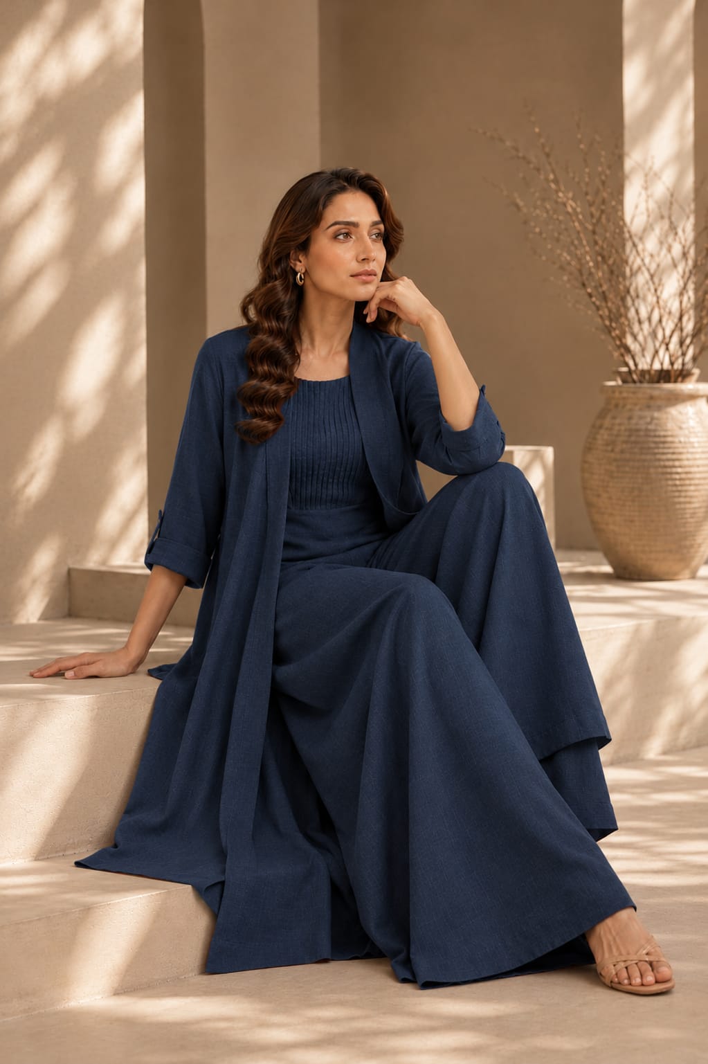 Navy blue pleated jumpsuit