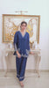 Shop Royal Blue by FAMA by Sana Sarah's, a stunning 2-piece royal blue silk tunic with fine silver hand embroidery, paired with matching wide-leg trousers.