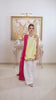 Shop Minted Lime by FAMA by Sana Sarah's, a vibrant 3-piece embroidered lime-yellow sleeveless shirt with wide-leg ivory trousers and a contrast fuchsia dupatta.