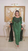 Shop the Royal Emerald Set by FAMA by Sana Sarah's, a breathtaking 3-piece emerald green kaftan tunic with black hand-embroidery, flared silk trousers, and a contrast black dupatta.